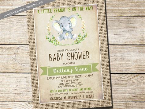 Elephant Baby Shower Invitation Gender Neutral Burlap Rustic Etsy