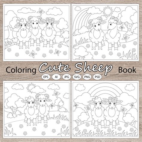 Cute Sheep In The Pasture Coloring Book For Children Masterbundles