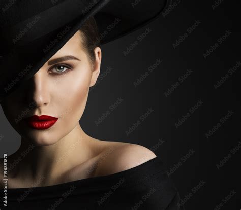 Fashion Model Beauty Portrait Elegant Woman In Black Hat Beautiful