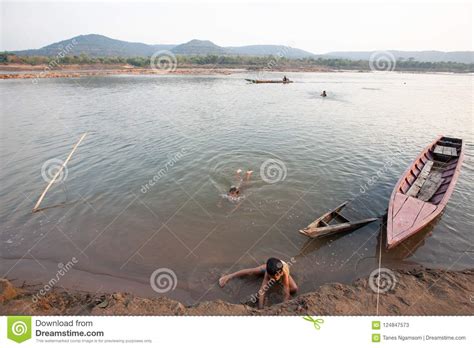 Tribe Bru Children Swimming And Playing In Mekong River In Summer Hot