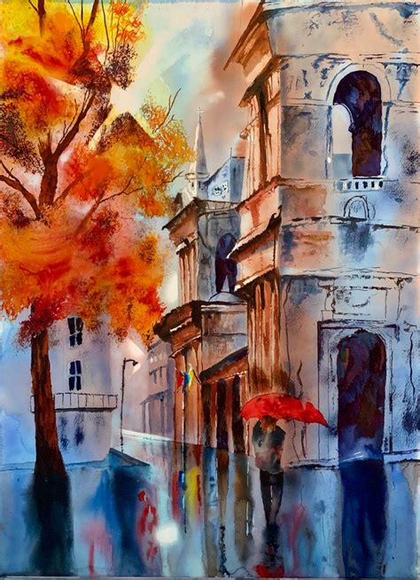 Stormy Evening Watercolor Paintings Cityscape Painting