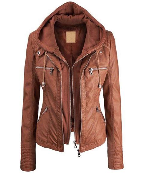 Womens Brown Hooded Faux Leather Jacket Hooded Faux Leather Jacket