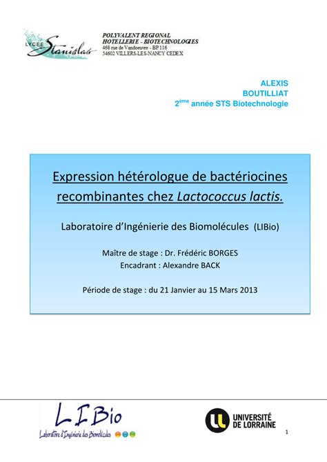 (PDF) Rapport de stage BTS Biotechnologies