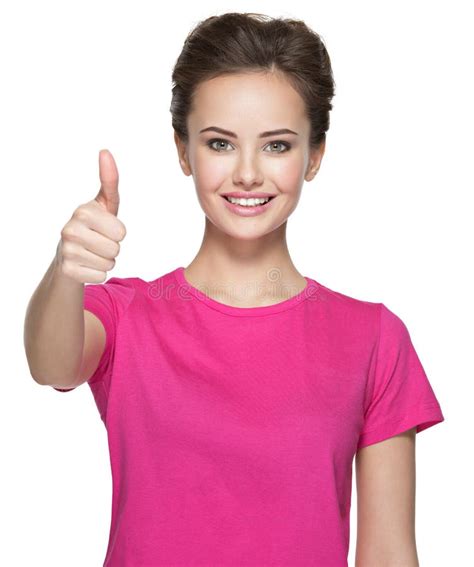 Portrait Of A Beautiful Adult Happy Woman With Thumbs Up Sign Stock