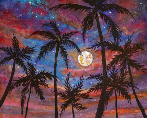 Oil Painting Beautiful Relaxing Landscape Palm Trees Pink Purple