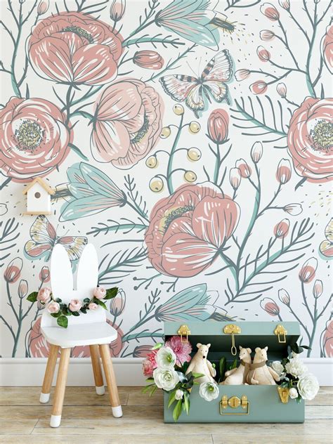 The Secret Garden Wall Mural Flowers In Blush And Pale Blue Etsy