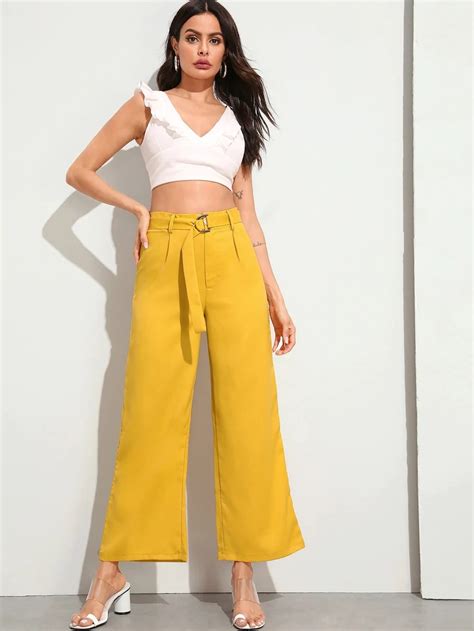 Solid High Waist Wide Leg Pants With Belt Gagodeal Rayon Pants Lace
