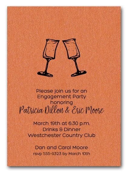 Lets Toast Wine Glasses On Shimmery Orange Party Invitations