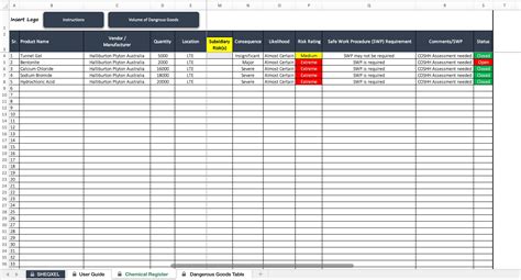 Chemical Register Health And Safety Template Chemtool Excel Template