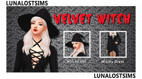 Sims 4 Cc — Lunalostsims The Velvet Witch Hat And Dress Set