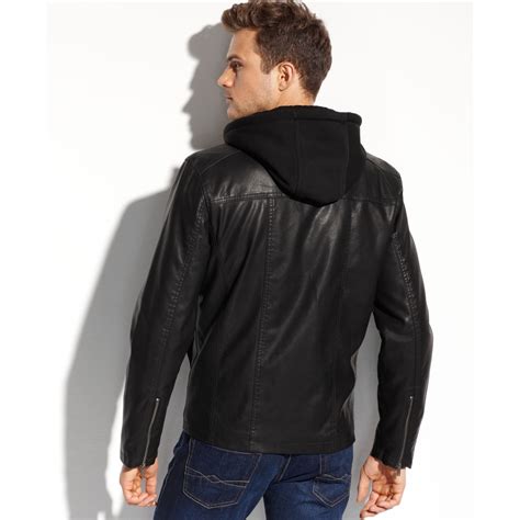 Guess Coats Faux Leather Fourpocket Hooded Jacket In Black For Men Lyst
