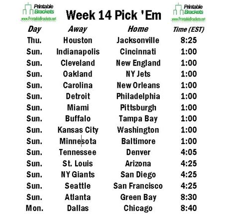 Printable Week 14 Nfl Schedule Customize And Print