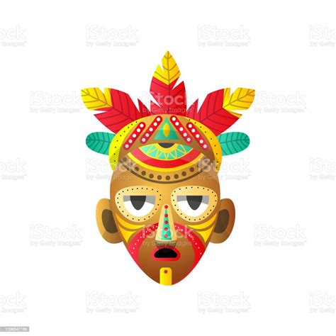 Totem African Ritual Mask With Red Feather And Dots Element Stock Illustration Download Image