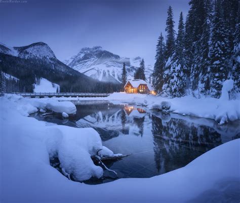 Winter Snow Snow Covered Ice Frozen River Water Reflection House Night