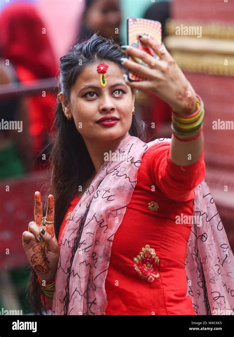 Kathmandu Nepal 22nd July 2019 A Woman Takes A Selfie After Giving