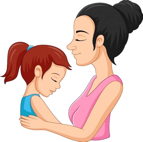 Madre Feliz De Dibujos Animados Abrazando A Su Hija Vector Premium