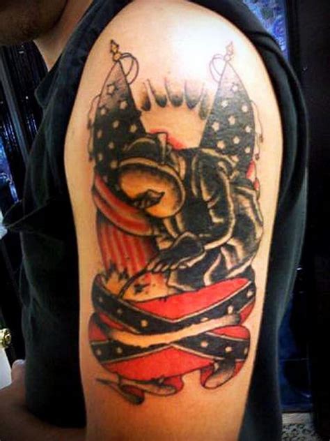 The tattoo consists of an eagle tightly holding two steel rods with its paws which in turn are attached to an american and confederate flag. 50 Best Rebel Flag Tattoos - Tattoo designs and photos ...