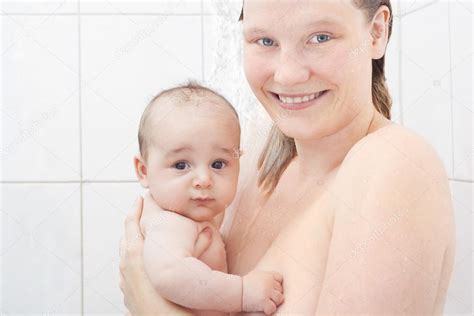 Mother Taking A Shower With Her Baby Stock Photo By Tiagoz