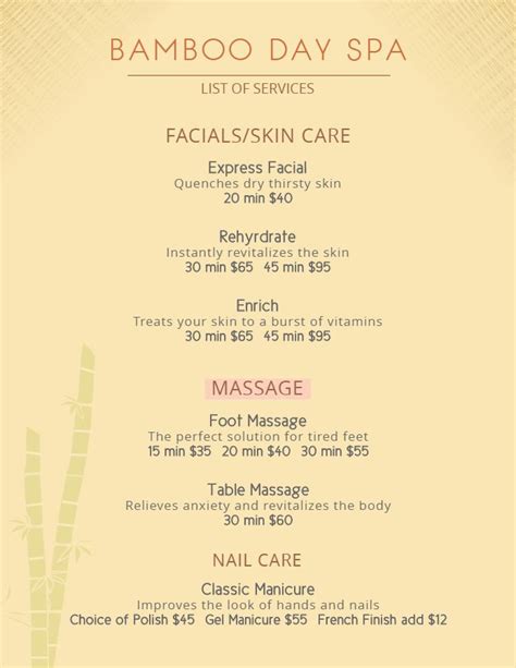 The Bamboo Day Spa Menu Is Shown