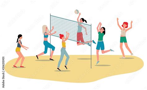 beach volleyball womens team players flat vector illustration isolated on white เวกเตอร์สต็อก
