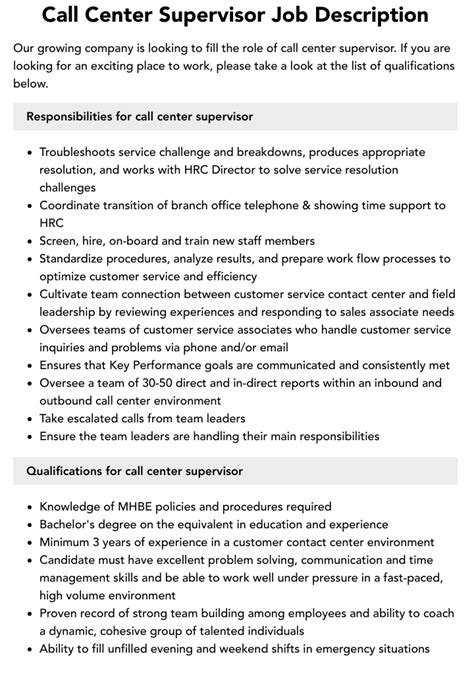 Call Center Supervisor Job Description Velvet Jobs