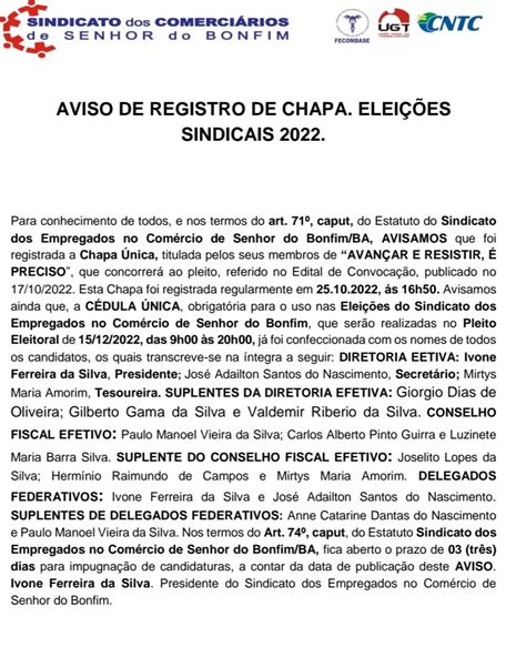 Aviso De Registro De Chapa Eleições Sindicais 2022