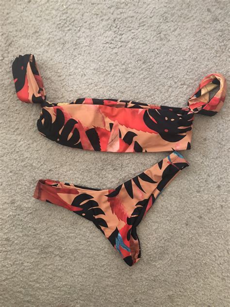 Off The Shoulder Leaf Print Bikini Set Sheinsheinside Bikinis