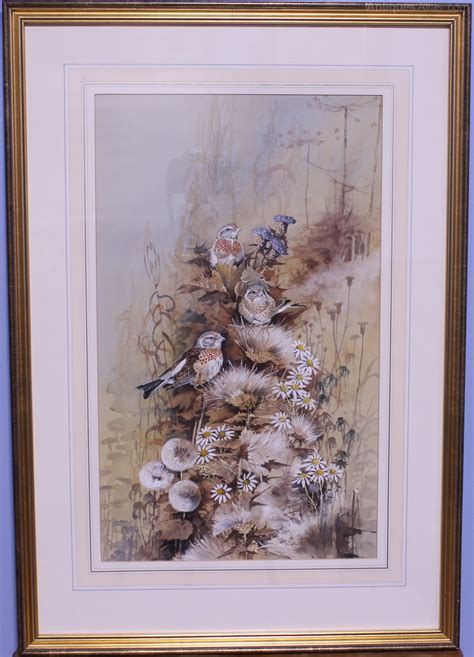 Antiques Atlas Ian Bowles Watercolour Linnetsfinches On Thistle