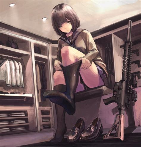 Anime Tactical School Girl Sailor Black Knee Socks Operator Shooter Assault Rifle