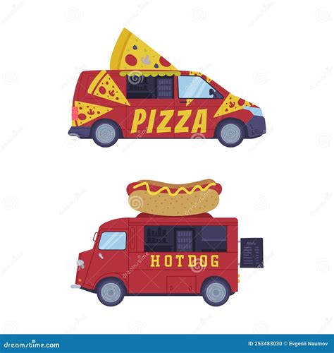 Set Of Dood Trucks Vans For Pizza And Hotdog Selling Cartoon Vector