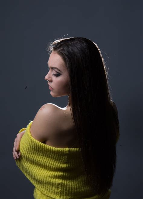 Royalty Free Photo Black Haired Woman With Yellow Off Shoulder Top