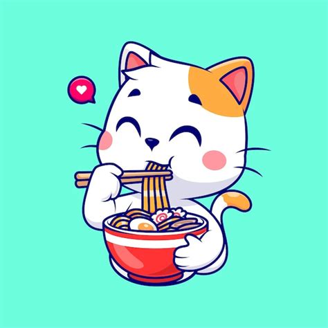 Premium Vector Cute Cat Eating Ramen Noodle Cartoon Vector Icon