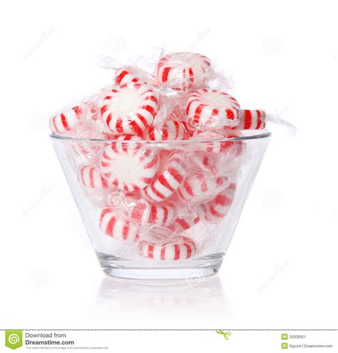 Peppermint Candy In Glass Bowl On White Red Striped Mint Christmas