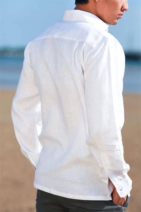 Mens White Linen Long Sleeve Shirt Hand Stitched Design Island