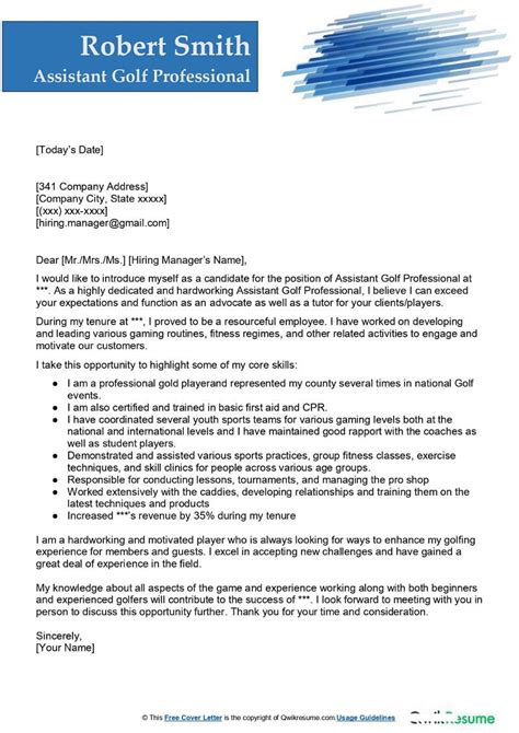 Assistant Golf Professional Cover Letter Examples Qwikresume