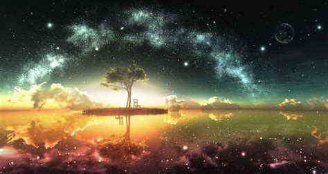 Wallpaper Water Trees Sky Sea Lake Space Galaxy Milky Way