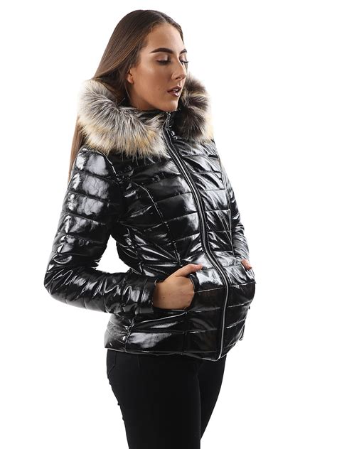 Womens Jacket Ladies Quilted Wet Look Shiny Padded Puffer Faux Fur