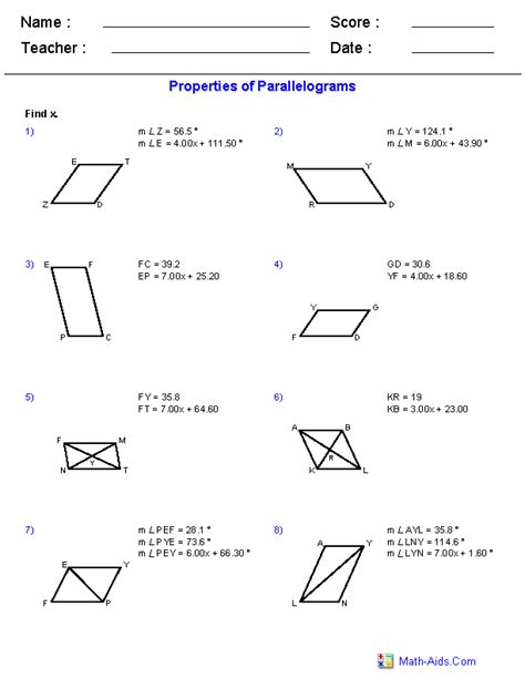 Parallelogram Properties Worksheets