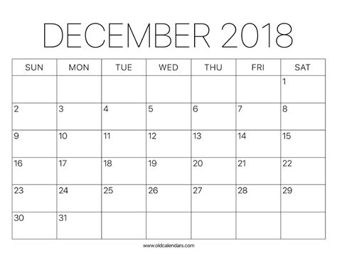 2018 Calendar December Printable Old Calendars