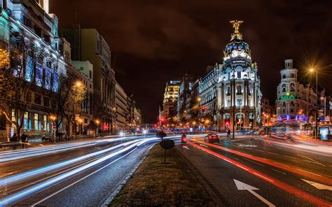 Madrid Spain City Night Buildings Road Lights Wallpaper Travel