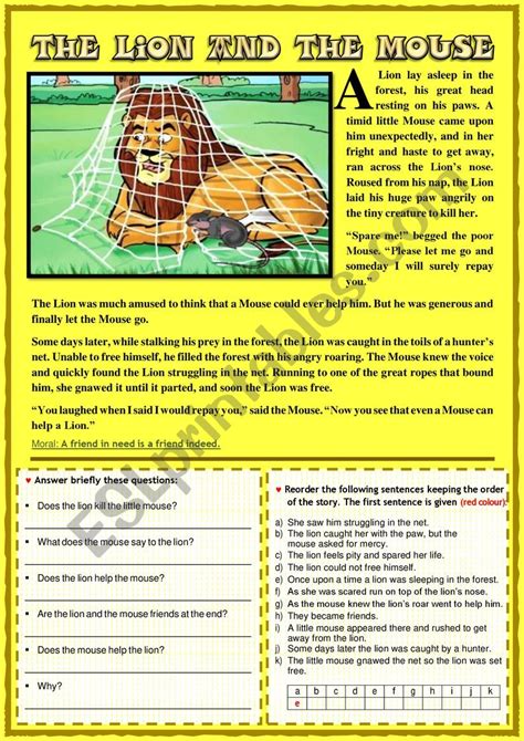The Lion And The Mouse Aesop´s Fable Esl Worksheet By Aisha77