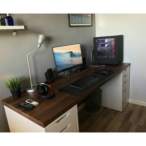 Ikea alex desk with modeled drawers and wire compartment. IKEA Karlby countertop in walnut color resting on two IKEA ALEX drawer units PC Builds and ...