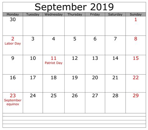 Free Download Calendar September 2019 With Holidays September