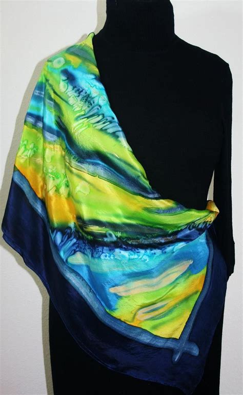 Silk Scarf Square Blue Yellow Green Hand Painted Shawl After Etsy