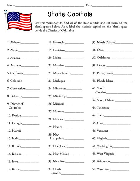 Us States And Capitals Worksheet