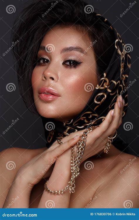 Beautiful Asian Brunette Model With Volume Curls Classic Makeup And Lips Beauty Face Stock