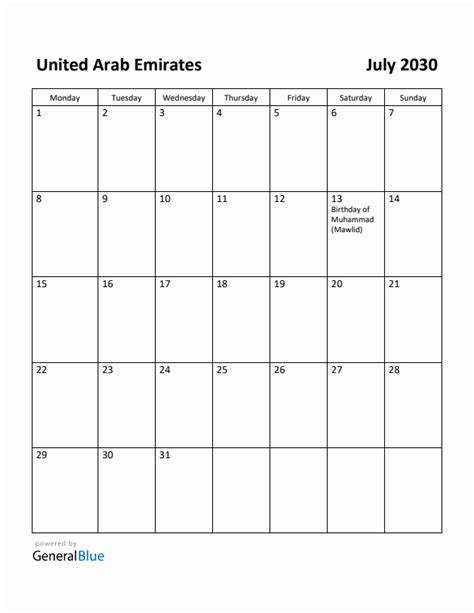 Free Printable July 2030 Calendar For United Arab Emirates