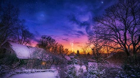 Winter Morning Sky Snow Sunrise Trees Colors Clouds Hd Wallpaper