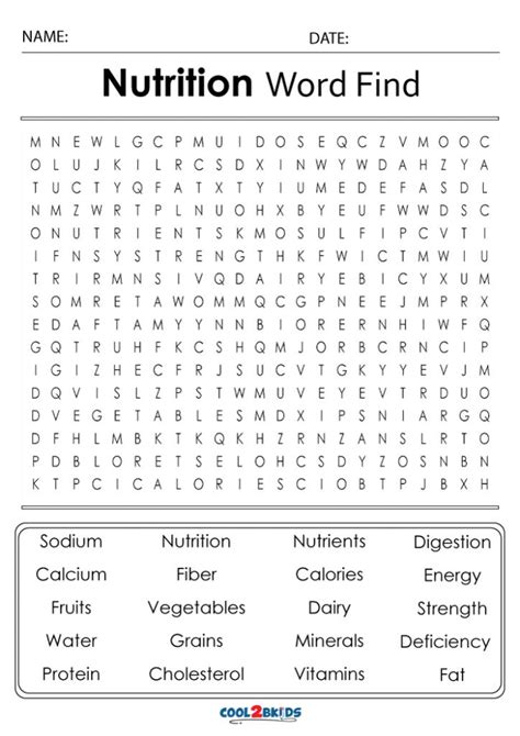 Nutrition Word Search Printable