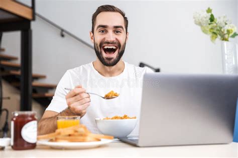 Handsome Young Man Having Breakfast Stock Image Image Of Male Card